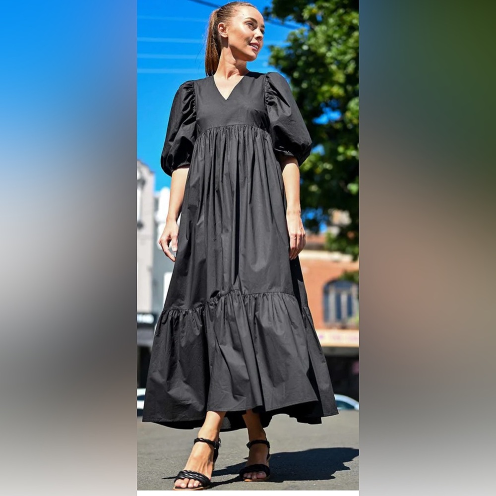 Wyatt Wylde Long Black Puff Sleeve V Neck Dress